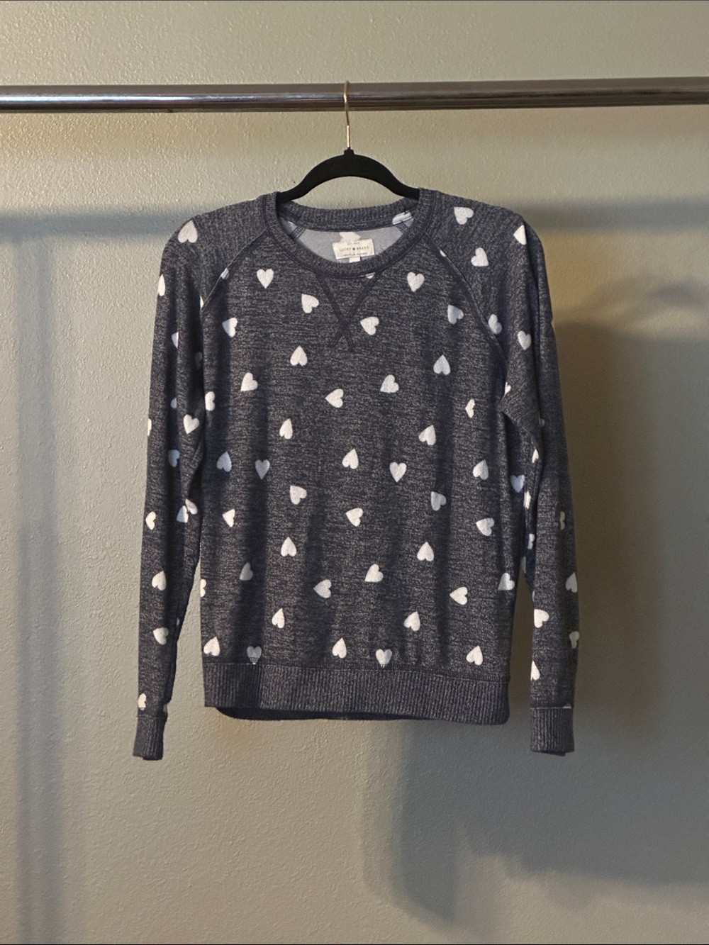 Lucky Brand Gray Heart Print Crewneck Sweater